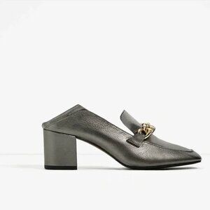 Zara loafer shoes with heel platinum metallic genuine leather size 9